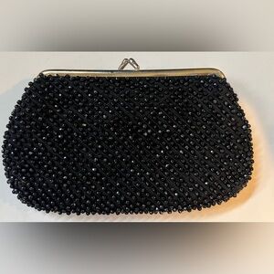 Vintage Beaded Black Clutch Evening Bag Purse  Snap Kiss Lock